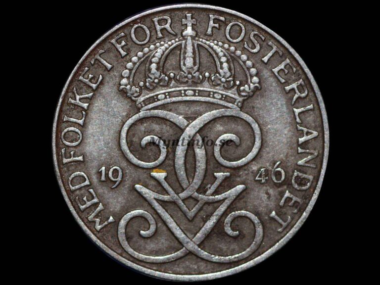 Svensk 5-öring 1946, framsida med Gustaf V Adolfs monogram, bild från Myntinfo.se.