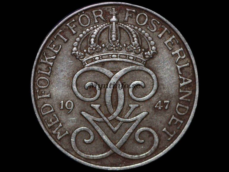 Svensk 5-öring 1947, framsida med Gustaf V Adolfs monogram, bild från Myntinfo.se.