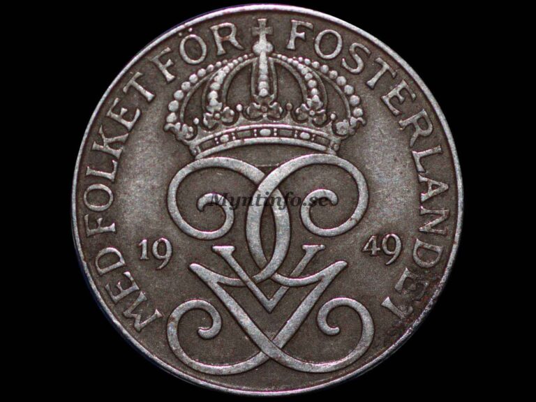 Svensk 5-öring 1949, framsida med Gustaf V Adolfs monogram, bild från Myntinfo.se.