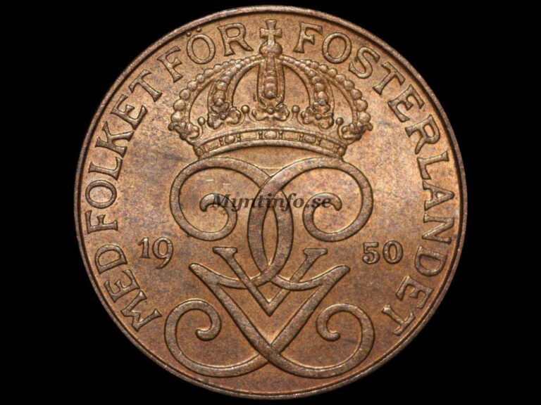 Svensk 5-öring 1950 med brons, framsida med Gustaf V Adolfs monogram, bild från Myntinfo.se.