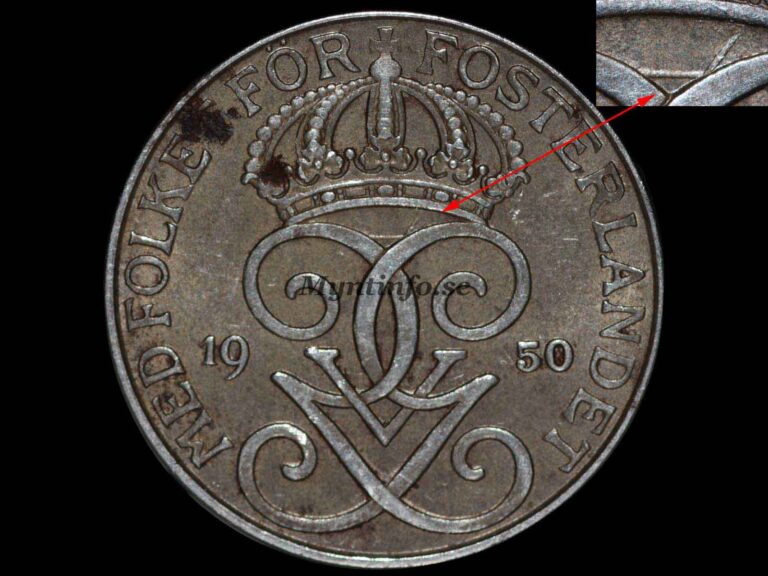 Svensk 5-öring 1950, framsida med varianten "Järn, diagonalt streck" röd pil visar vart, bild från Myntinfo.se.