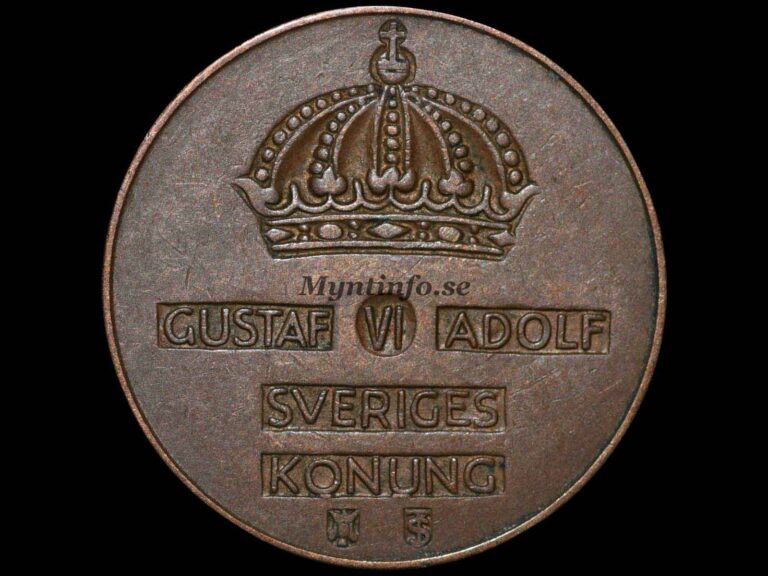 Svensk 5-öring 1952, baksida med kungakrona, valören "5" och "ÖRE", årtalet 1952, bild från Myntinfo.se.