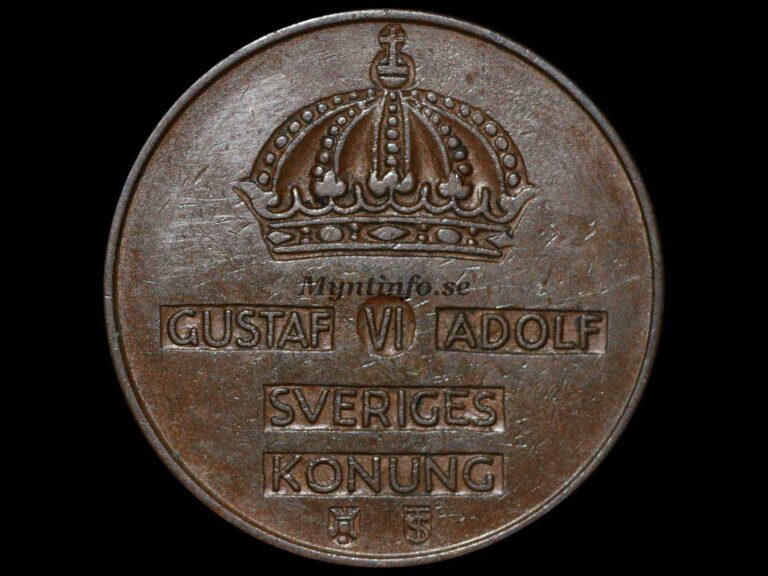 Svensk 5-öring 1953, framsida med Gustaf VI Adolfs namn, bild från Myntinfo.se.