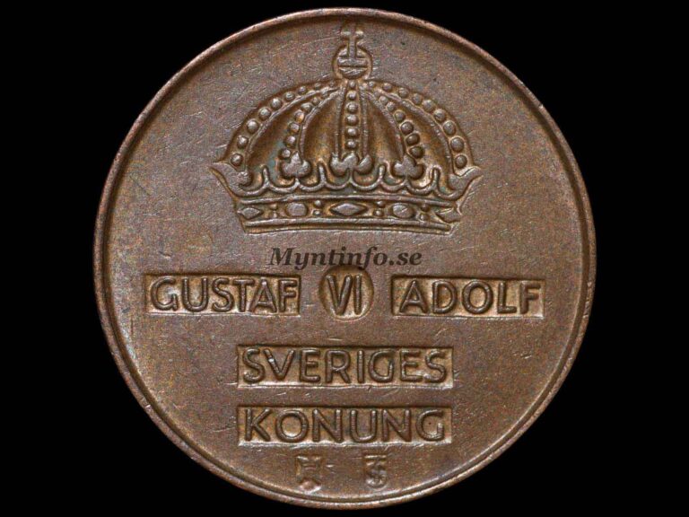 Svensk 5-öring 1955, framsida med Gustaf VI Adolfs namn, bild från Myntinfo.se.