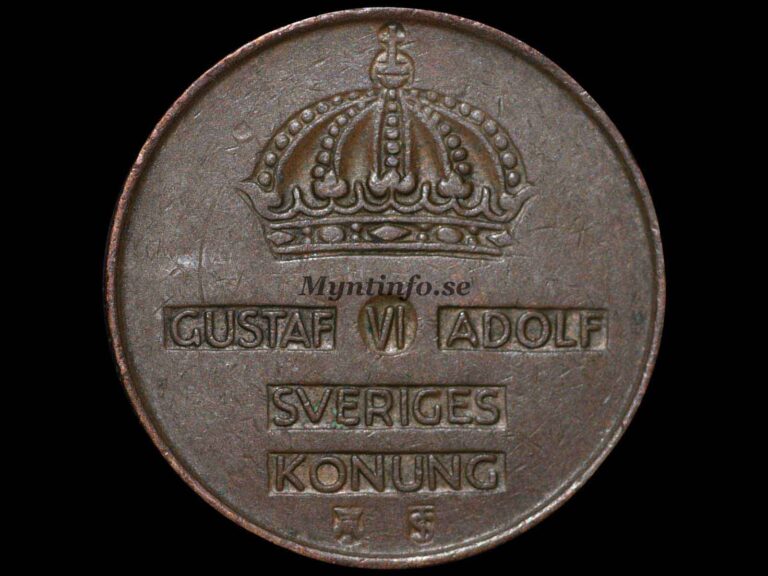 Svensk 5-öring 1956, framsida med Gustaf VI Adolfs namn, bild från Myntinfo.se.
