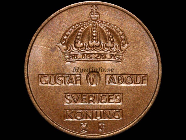 Svensk 5-öring 1957, framsida med Gustaf VI Adolfs namn, bild från Myntinfo.se.