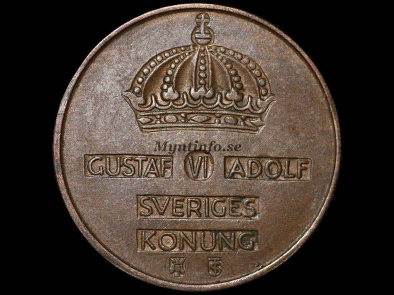 Svensk 5-öring 1958, framsida med Gustaf VI Adolfs namn, bild från Myntinfo.se.