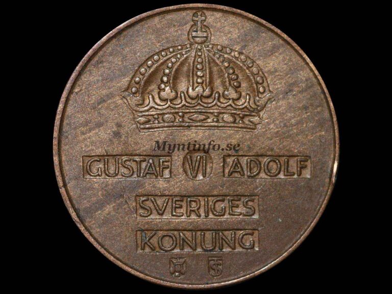 Svensk 5-öring 1959, framsida med Gustaf VI Adolfs namn, bild från Myntinfo.se.