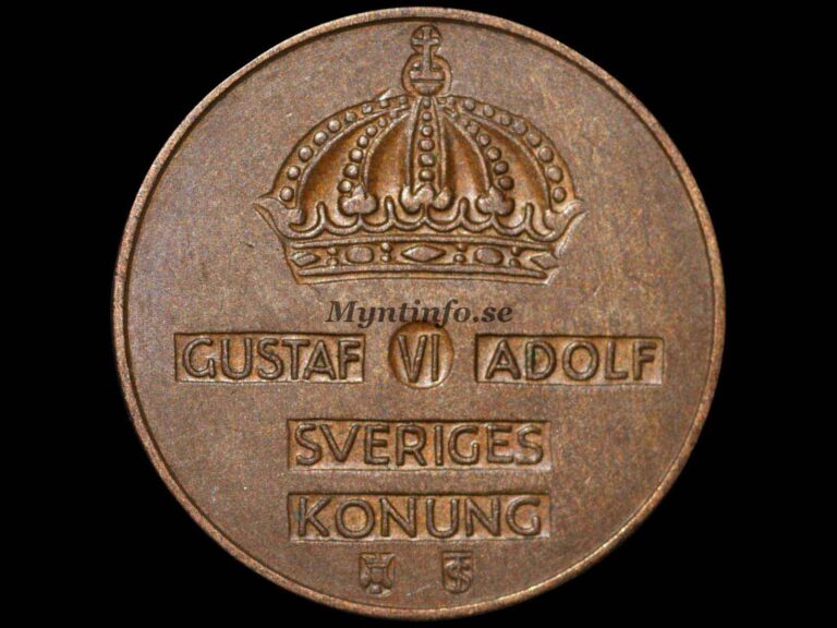 Svensk 5-öring 1960, framsida med Gustaf VI Adolfs namn, bild från Myntinfo.se.