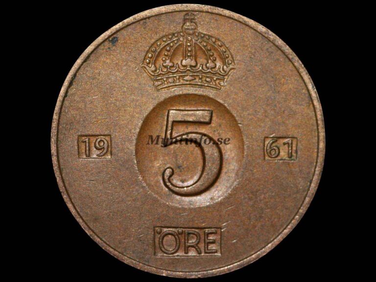 Svensk 5-öring 1961, baksida med kungakrona, valören "5" och "ÖRE", årtalet 1961, varianten med märket "TS" bild från Myntinfo.se.