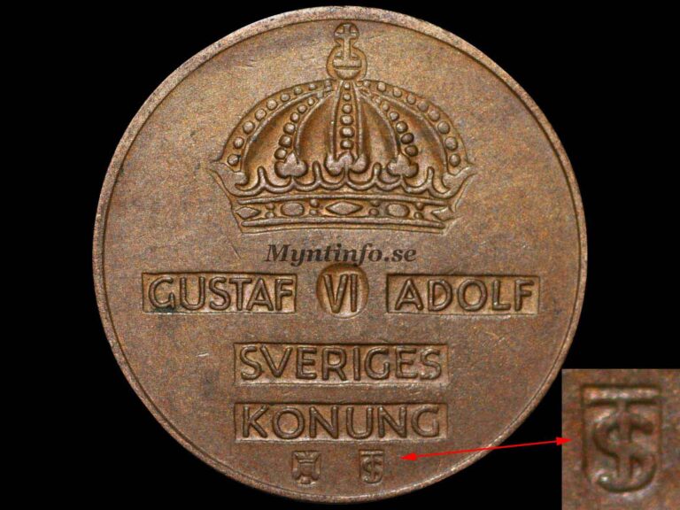 Svensk 5-öring 1961, framsida med Gustaf VI Adolfs namn och märket "TS", bild från Myntinfo.se.