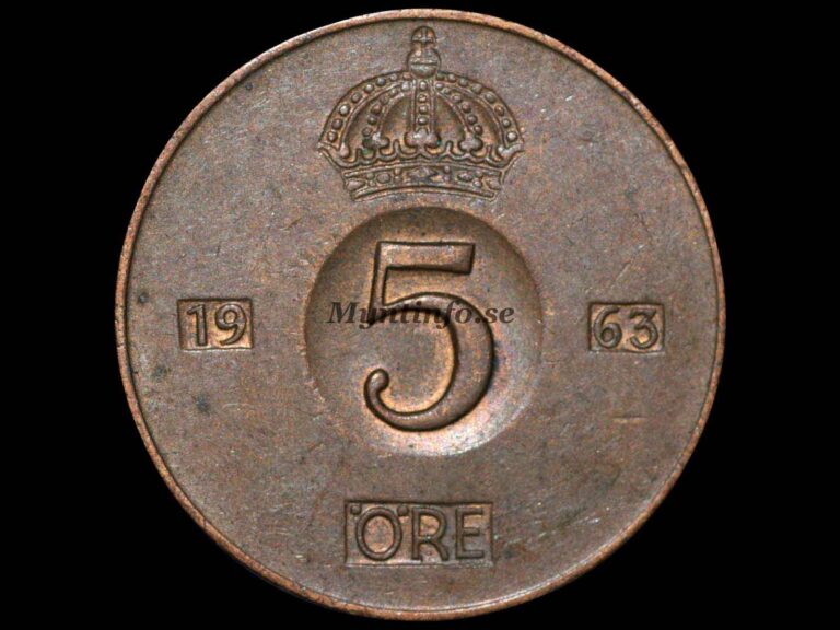 Svensk 5-öring 1963, baksida med kungakrona, valören "5" och "ÖRE", årtalet 1963, bild från Myntinfo.se.