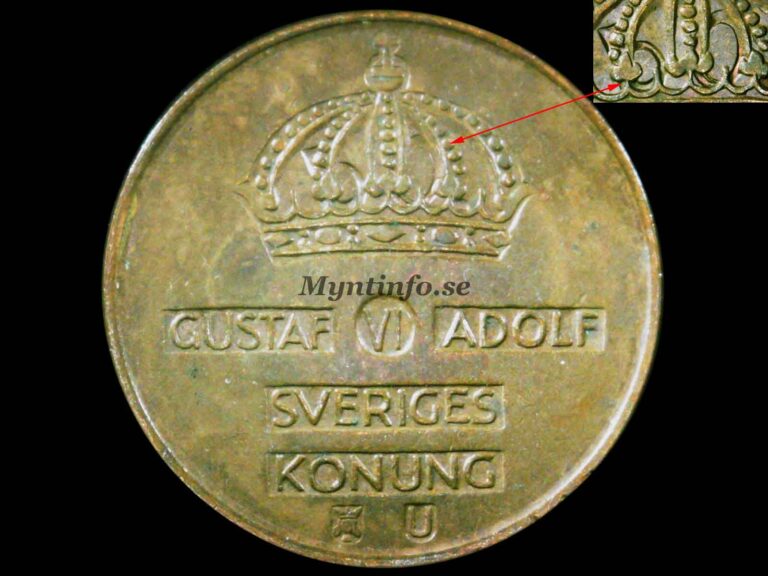 Svensk 5-öring 1964, framsida med varianten "5 ö i kronan", röd pil markerar detaljen, bild från Myntinfo.se.