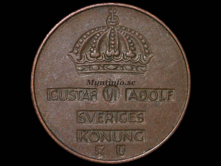Svensk 5-öring 1964, framsida med Gustaf VI Adolfs namn, bild från Myntinfo.se.