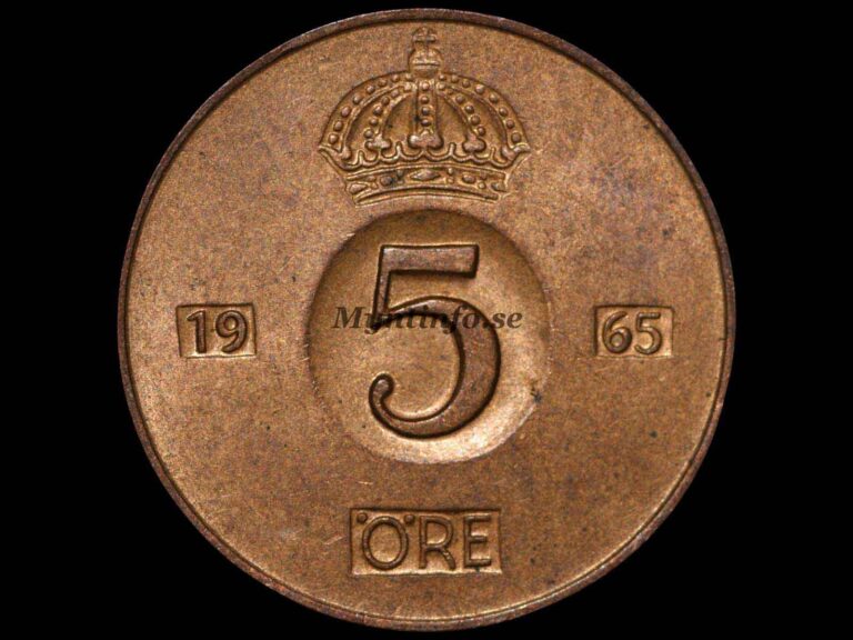 Svensk 5-öring 1965, baksida med kungakrona, valören "5" och "ÖRE", årtalet 1965, bild från Myntinfo.se.