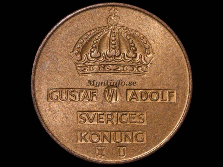 Svensk 5-öring 1965, framsida med Gustaf VI Adolfs namn, bild från Myntinfo.se.