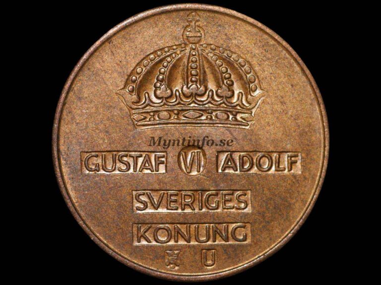 Svensk 5-öring 1966, framsida med Gustaf VI Adolfs namn, bild från Myntinfo.se.