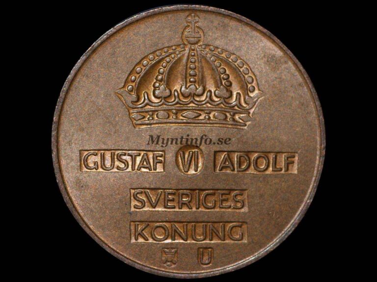 Svensk 5-öring 1967, framsida med Gustaf VI Adolfs namn, bild från Myntinfo.se.