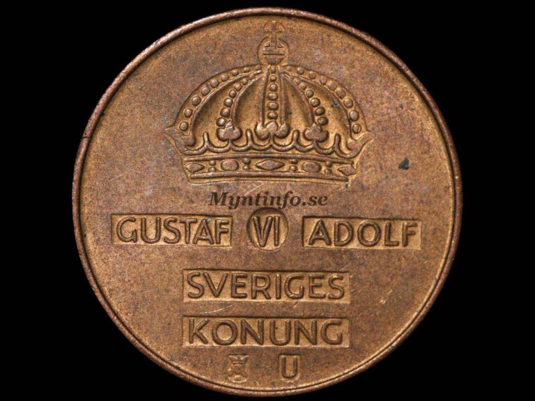 Svensk 5-öring 1968, framsida med Gustaf VI Adolfs namn, bild från Myntinfo.se.