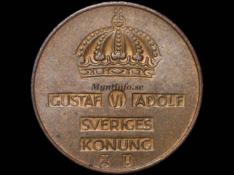 Svensk 5-öring 1969, framsida med Gustaf VI Adolfs namn, bild från Myntinfo.se.