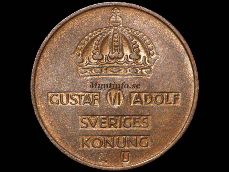 Svensk 5-öring 1970, framsida med Gustaf VI Adolfs namn, bild från Myntinfo.se.