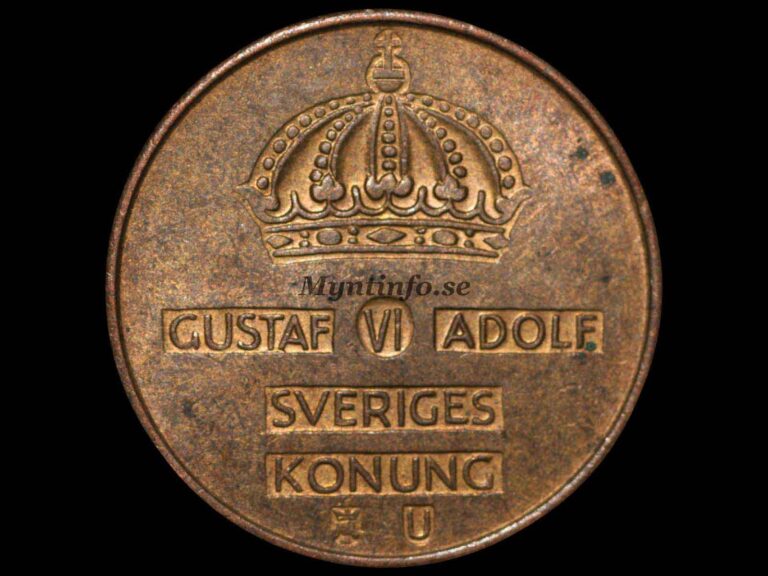 Svensk 5-öring 1971, framsida med Gustaf VI Adolfs namn, bild från Myntinfo.se.