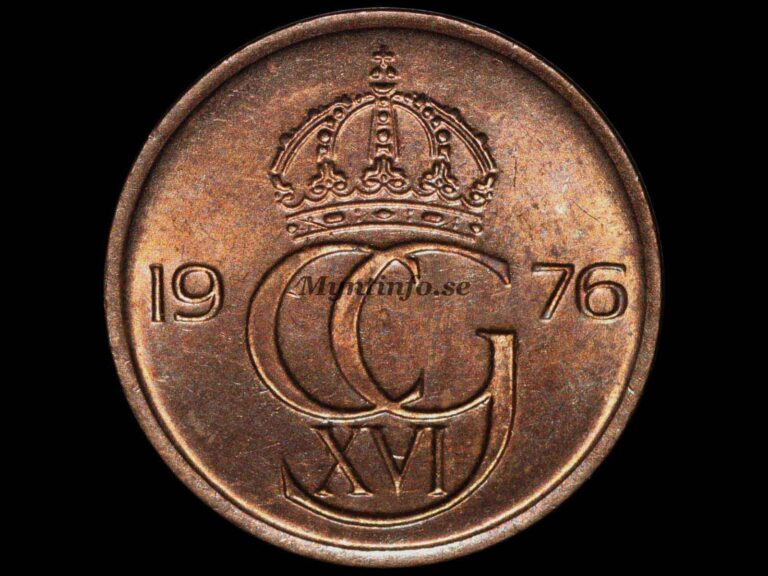 Svensk 5-öring 1976, framsida med kung Carl XVI Gustafs monogram "CG XVI" under en kunglig krona. Bild från Myntinfo.se.