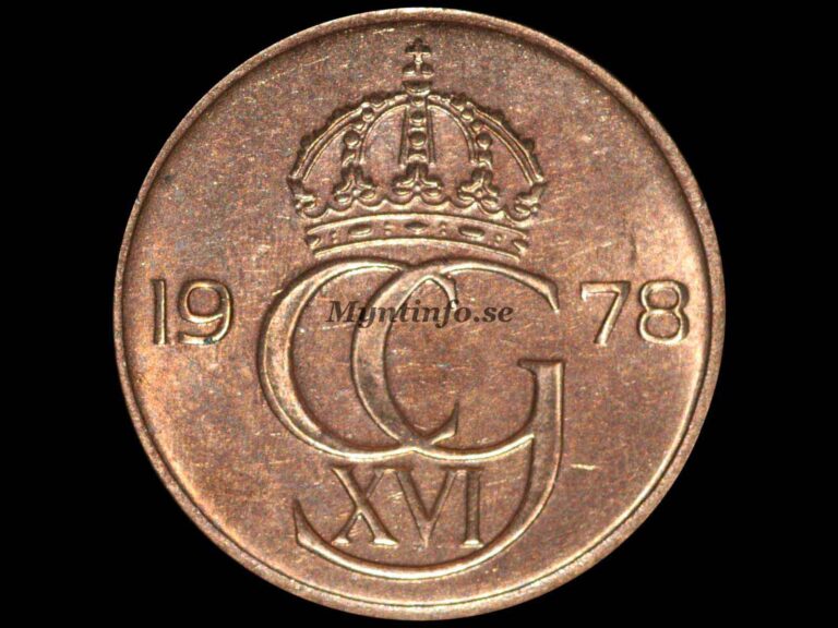 Svensk 5-öring 1978, framsida med kung Carl XVI Gustafs monogram "CG XVI" under en kunglig krona. Bild från Myntinfo.se.