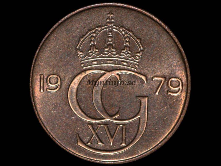 Svensk 5-öring 1979, framsida med kung Carl XVI Gustafs monogram "CG XVI" under en kunglig krona. Bild från Myntinfo.se.