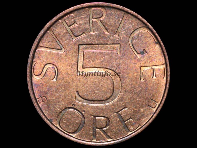 Svensk 5-öring 1980, baksida med texten "SVERIGE" och valören "5 ÖRE", bild från Myntinfo.se.