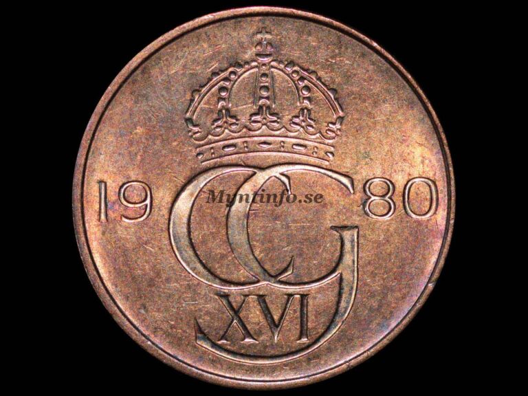 Svensk 5-öring 1980, framsida med kung Carl XVI Gustafs monogram "CG XVI" under en kunglig krona. Bild från Myntinfo.se.
