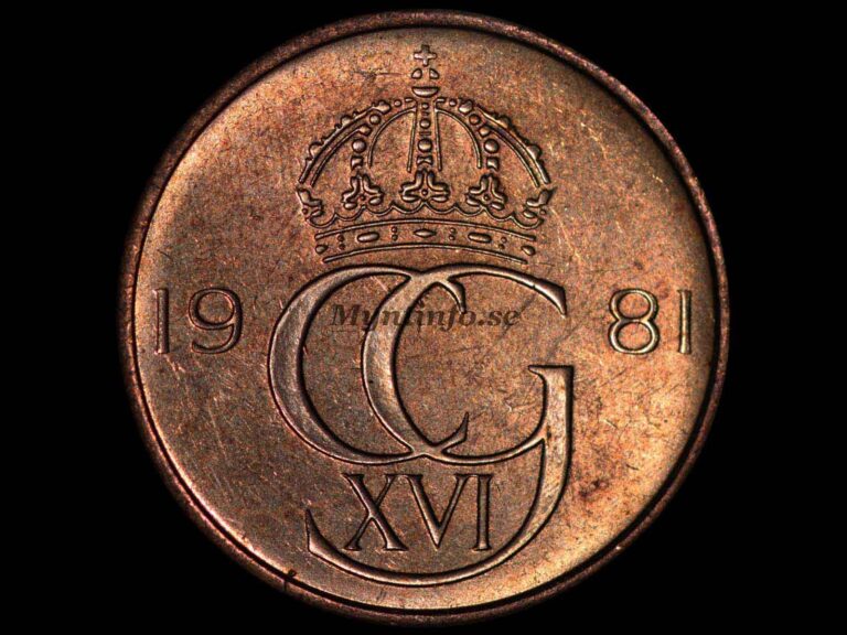 Svensk 5-öring 1981, framsida med kung Carl XVI Gustafs monogram "CG XVI" under en kunglig krona. Bild från Myntinfo.se.