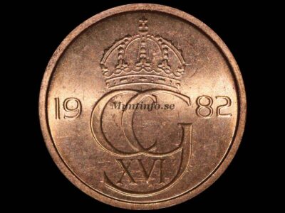 Svensk 5-öring 1982, framsida med kung Carl XVI Gustafs monogram "CG XVI" under en kunglig krona. Bild från Myntinfo.se.