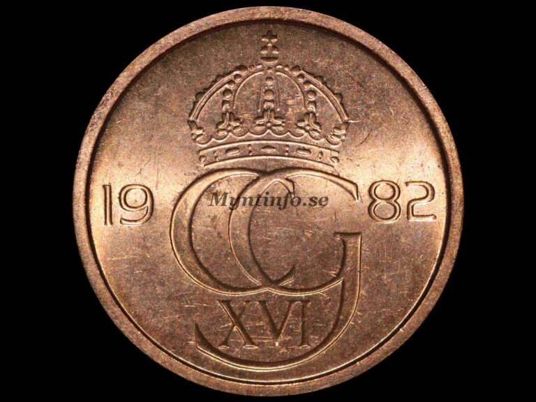 Svensk 5-öring 1982, framsida med kung Carl XVI Gustafs monogram "CG XVI" under en kunglig krona. Bild från Myntinfo.se.
