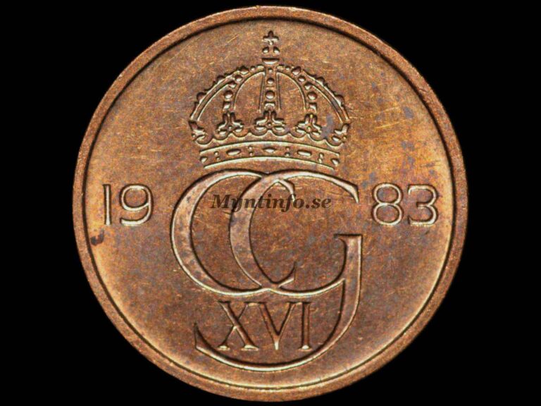 Svensk 5-öring 1983, framsida med kung Carl XVI Gustafs monogram "CG XVI" under en kunglig krona. Bild från Myntinfo.se.