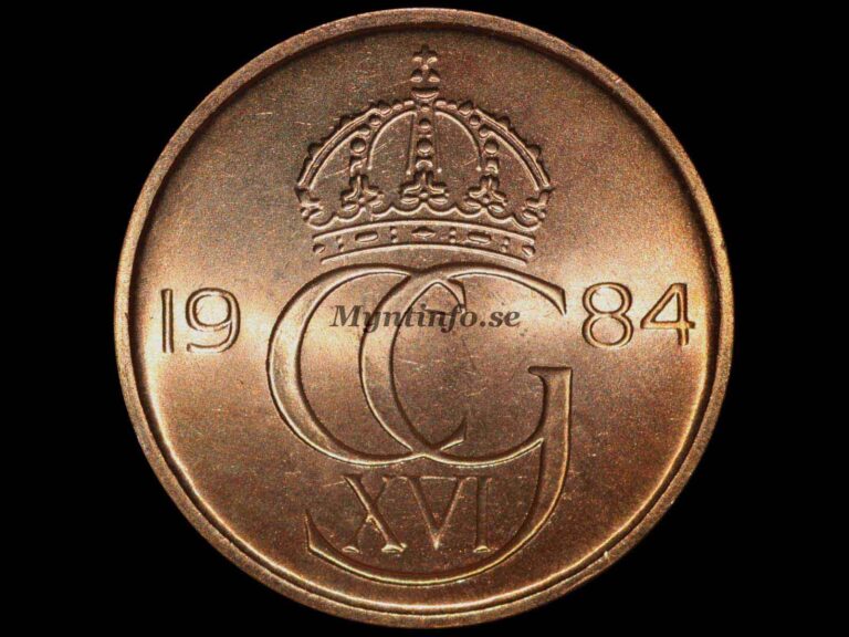 Svensk 5-öring 1984, framsida med kung Carl XVI Gustafs monogram "CG XVI" under en kunglig krona. Bild från Myntinfo.se.