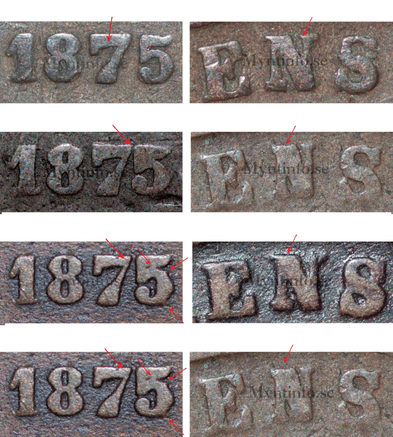 Samlingsbild 5-öring 1875, varianter: rent årtal brett N, rent årtal smalt N, 5 på 4 brett N, 5 på 4 smalt N. Röd pil markerar skillnad, Myntinfo.se.