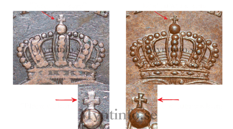 Samlingsbild 5-öring 1897, varianter: Normalt kors, Litet lutande kors. Röd pil markerar skillnad, inzoomade detaljer, Myntinfo.se.
