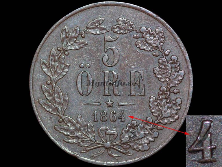 Svensk 5-öring 1864 med varianten "Stort L.A.", baksida med valören "5" och "ÖRE", eklövskrans, stjärna och årtal, bild från Myntinfo.se.