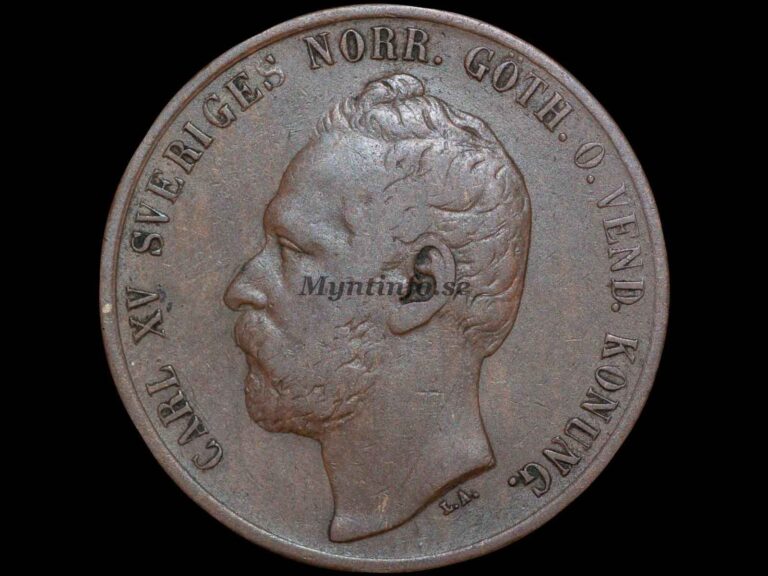 Svensk 5-öring 1866, framsida med Carl XV:s profil, "CARL XV SVERIGES NORR.GÖTH.O.VEND. KONUNG.", bild från Myntinfo.se.