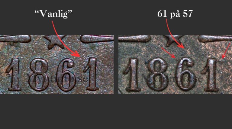 5-öring 1861, samlingsbild av varianter, årtalet, Myntinfo.se.