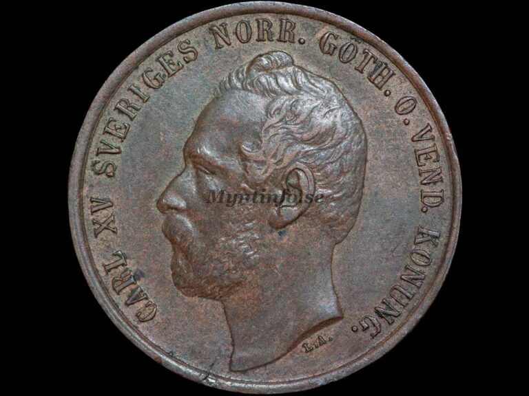 Svensk 5-öring 1861 med variant 61 på 57, framsida med Carl XV:s profil, "CARL XV SVERIGES NORR.GÖTH.O.VEND. KONUNG.", bild från Myntinfo.se.