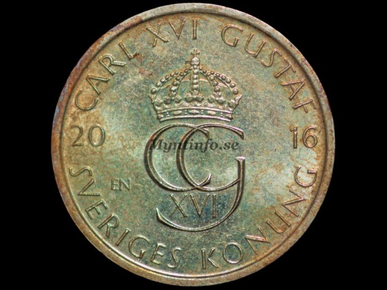 Åtsidan av svensk 5-krona 2016 med kung Carl XVI Gustafs monogram