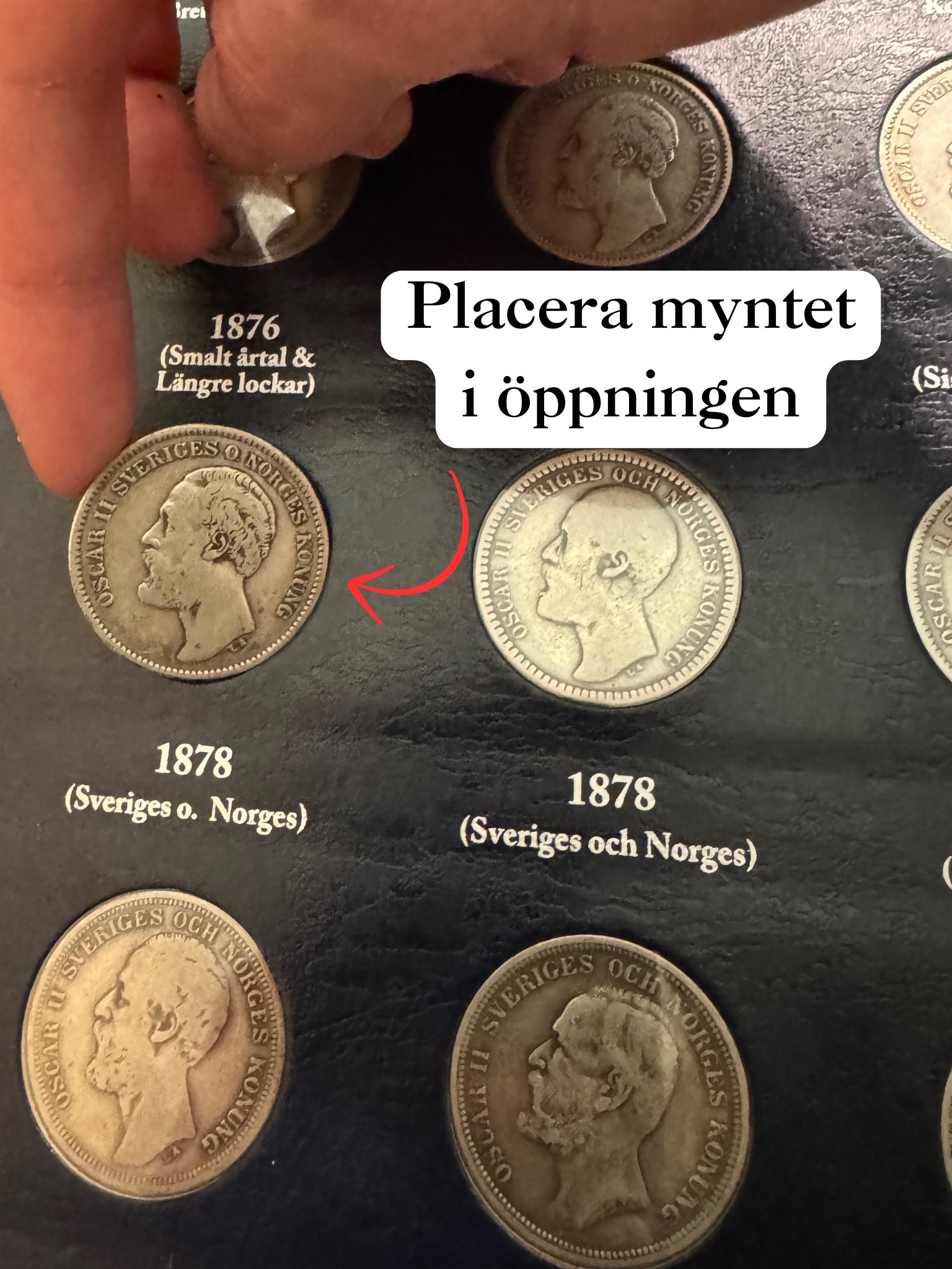 Ett mynt förs försiktigt in i en rund öppning i ett myntblad.